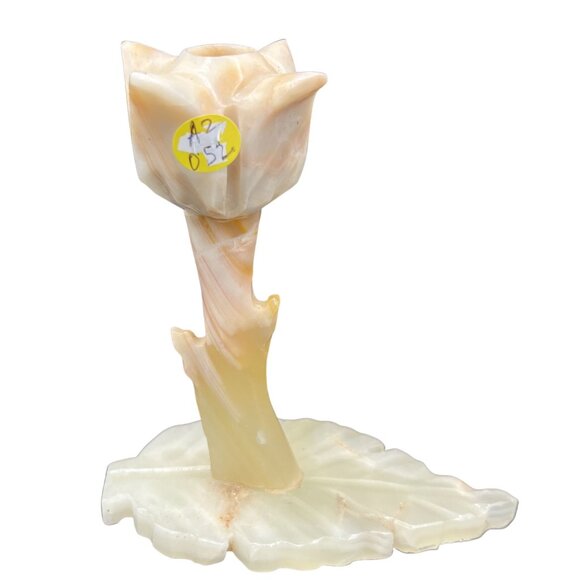 Vintage Handcrafted Onyx Tulip Candle Holder Leaf Base Rare Butter Yellow Decor - Picture 11 of 12